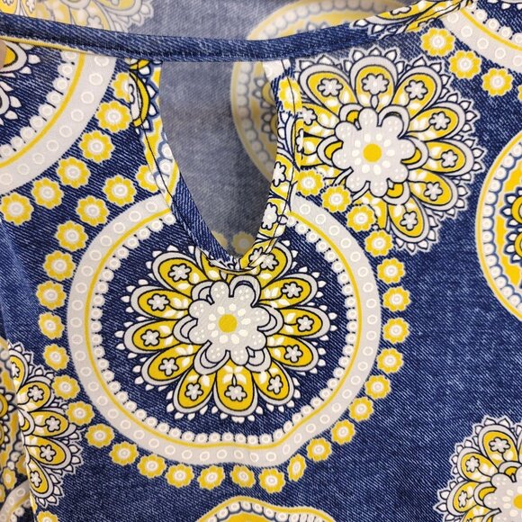 Espresso Blue Yellow Circular Pattern Keyhole Dress Denim Look Fabric Size Large - Picture 2 of 6